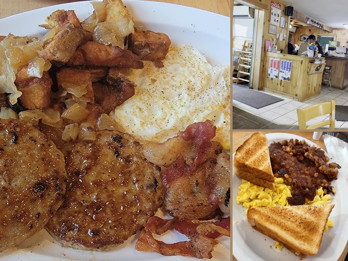 Breakfast plates on a diner table.